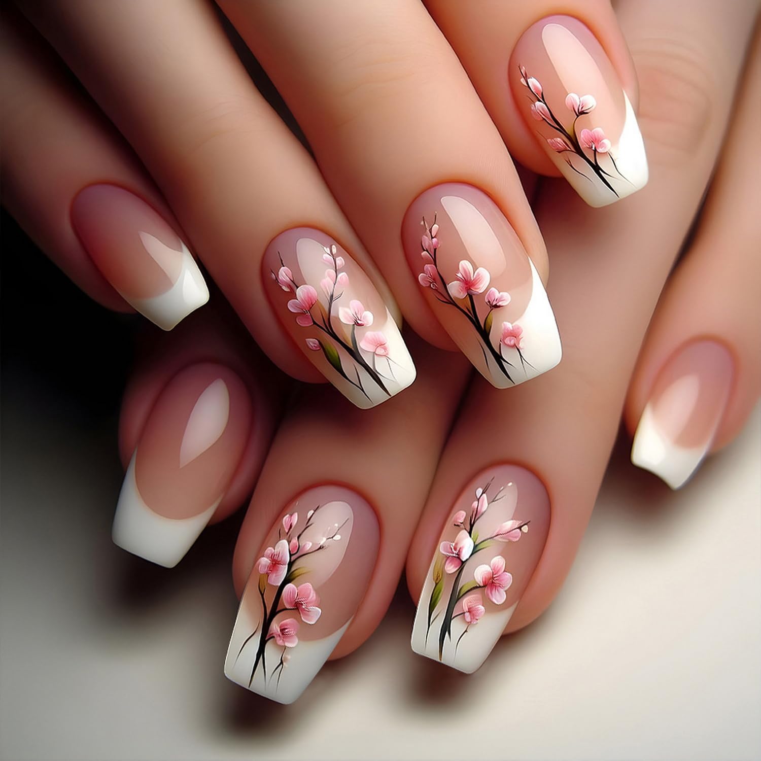 Floral Press on Nails Medium Length Fake Nails White French Tip Press ones Stick on Nails with designs Acrylic Nails Nude Gel Glue on Nails Kit for