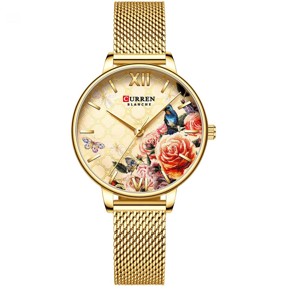 CURRENLadies Analog Watch Goldtone Stainless Steel Case Floral Design Dial Goldtone Stainless Steel Case, Gold