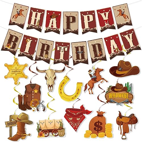 Image of Western Cowboy Birthday Party Decorations - NOVBAUB 29PCS Cowboy Theme Party Decorations Hanging Swirls Party Streamers Banner Western Rodeo Birthday Decor Supplies for Boys Men