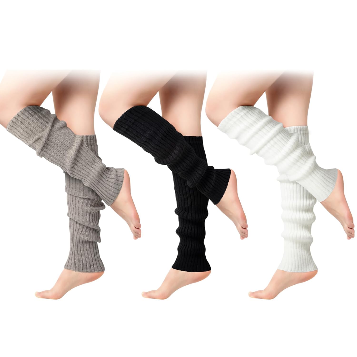 HolooVeranillo Knitted Leg Warmers for Women - 3 Pairs Black and White Boot Cuffs, Winter Knee Warmers for Ballet, Dance, Yoga, Skating, and Casual Wear