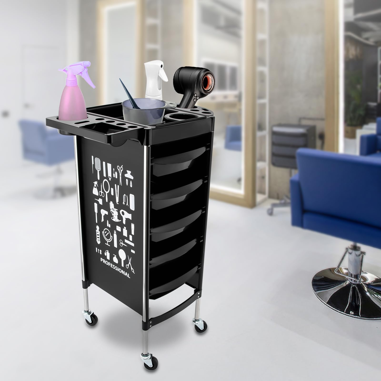 Carro de peluquería con ruedas para tatuajes, peluquería, carrito con cajones, estilista, peluquería, accesorios para salón de belleza, peluquería, SPA, salón de uñas, 52 x 36 x 90 cm (negro)
