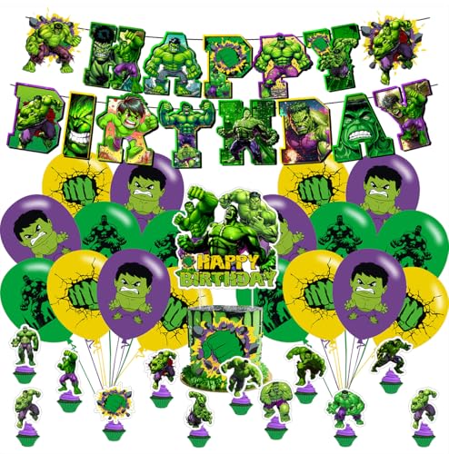 Green Hero Birthday Decorations Green Hero Party Supplies Include Happy Birthday Banner Cake Topper and Cupcake Toppers Balloons for Kids Party Decor