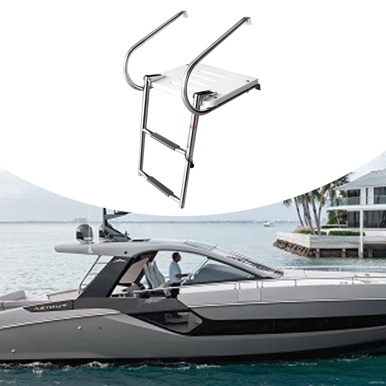 Scaletta pieghevole a 2 gradini in acciaio inox con piattaforma antiscivolo, per yacht, barche, piscine, colore bianco