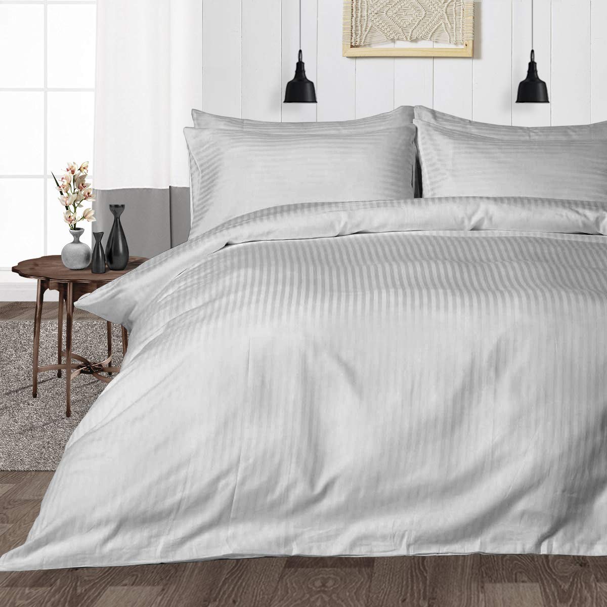 Shri Anand Creations Premium Satin Stripe Plain Solid Duvet Cover/Quilt Cover/Comforter Cover/Rajai Cover for Home, Hotel and Resorts. (Light Grey, Double) discount deal