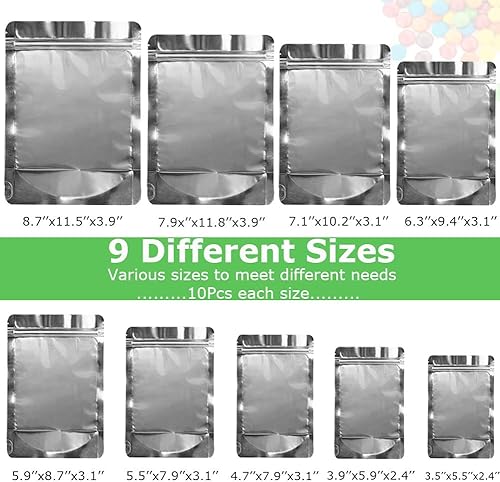 Miniatura 2 de Bolsas de Mylar de 90 unidades, 9 tamaños, bolsas de Mylar de 7 mil para almacenamiento de alimentos, bolsas resellables de mylar con cierre, bolsas