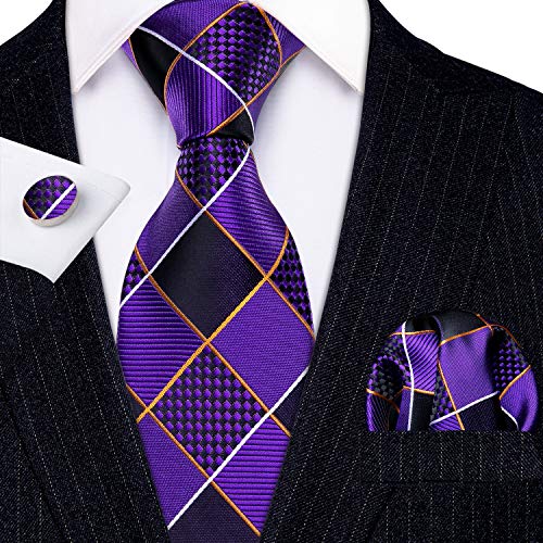 Image of Barry.Wang Plaid Ties Check Mens Necktie Set with Handkerchief Cufflinks Classic Stripe
