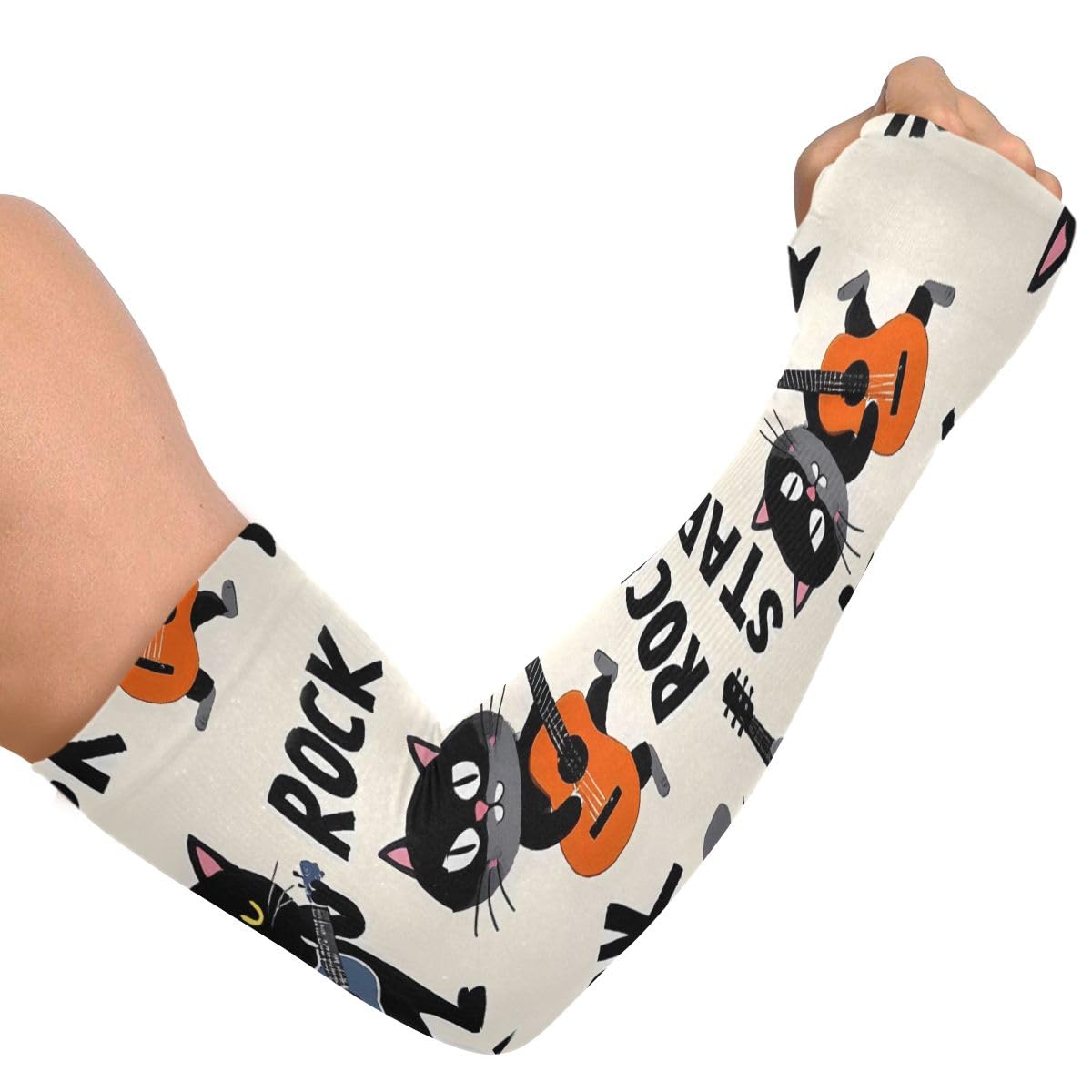 Cooling Arm Sleeves for Men Women UV Sun Protection Arm Covers Cat Playing Guitar Compression Sleeves Sports Football Golf Cycling