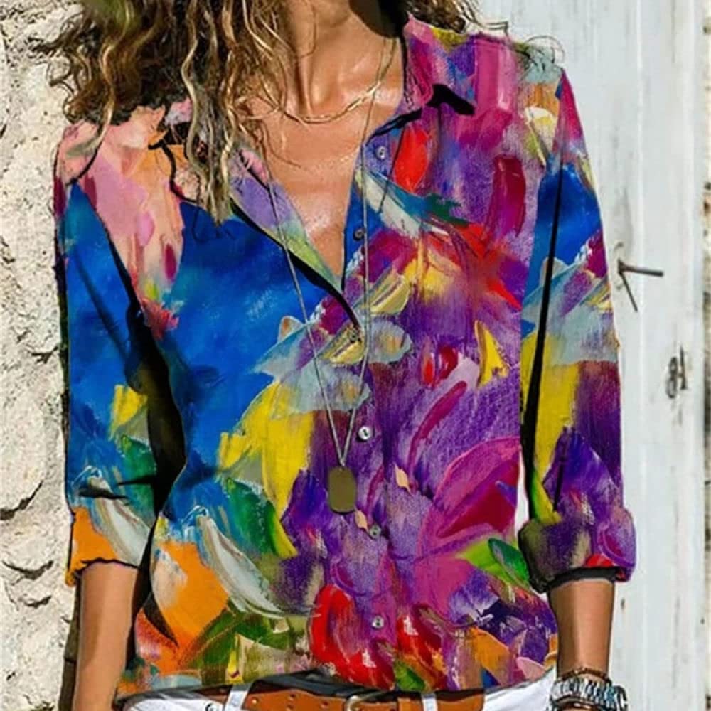 MIDJ Blusen Damen,Blusen Bunt Gemusterte Hemden Lässige Revershemden Pullover Langarmhemden Schicke Oberteile Mit Knöpfen Lockere Langarm-Sweatshirts für Mädchen