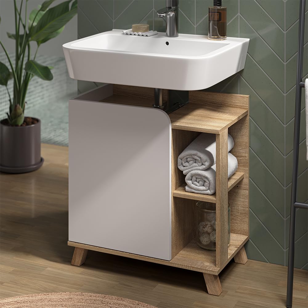 Vicco Waschbeckenunterschrank Karen, Sonoma/Weiß, 60 x 65 cm mit Tür und offenen Fächern, mit Siphonausschnitt zur Montage unter dem Waschbecken