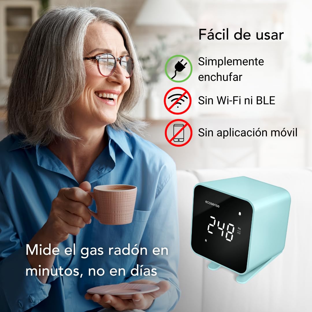 Ecosense EB100 EcoBlu, Detector de radón doméstico, captura y visualización de resultados cada 10 minutos, monitoreo continuo a corto y largo plazo, fácil de usar