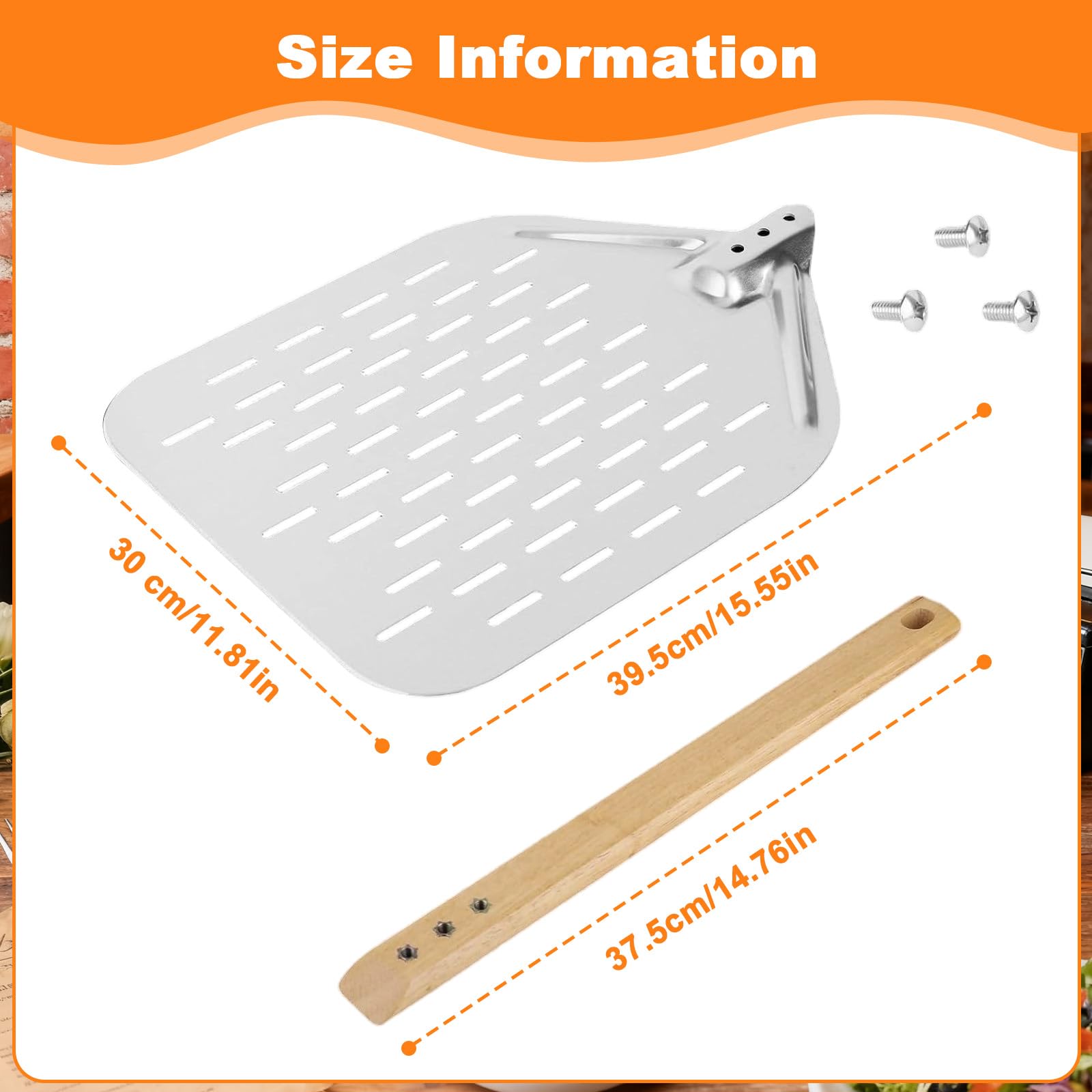 Pelle à Pizza Perforée 39,5 x 30 cm avec Poignée en Bois Longue Amovible, Spatule Pizza en Aluminium 12 Pouces, Coupe à Pizzas Grande Surface, Pelle Pain Cuisson Professionnelle pour Barbecue et Four