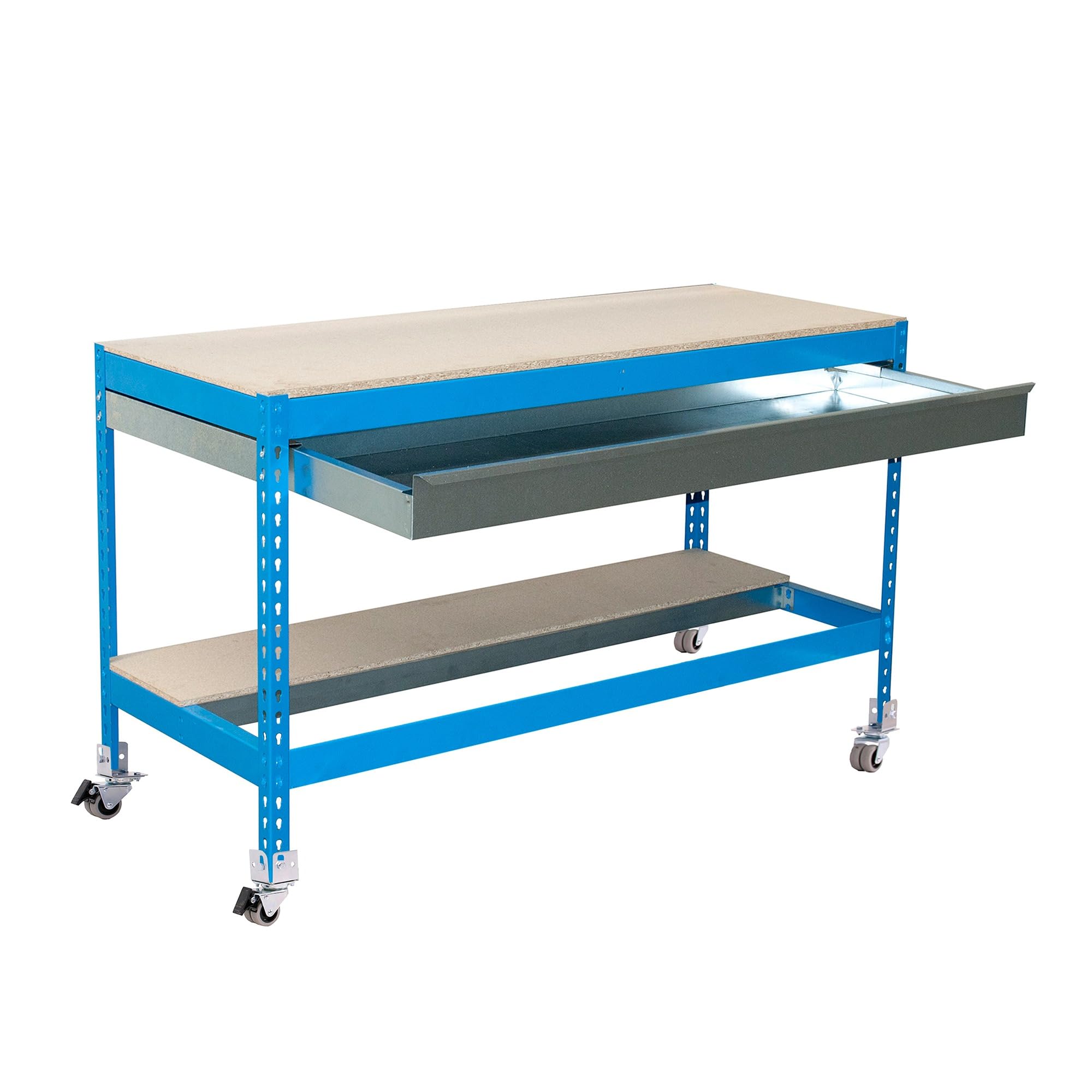 Simon Rack Mesa de Trabajo Taller, Capacidad Carga 120 kg, 917x1510x760 mm, Incluye Ruedas, 1 Cajón, Azul/Madera - BT0