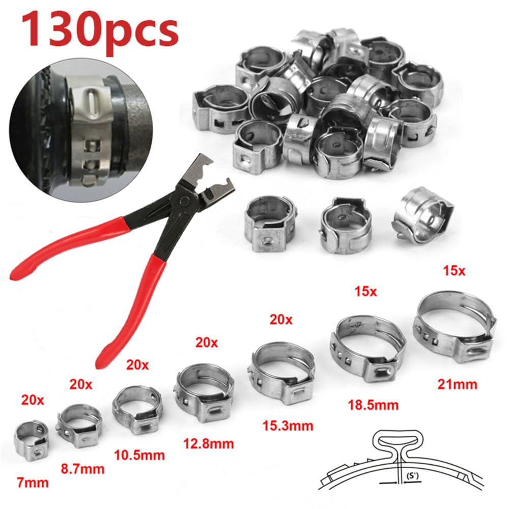 130 abrazaderas de manguera continuas de una sola oreja, 1 alicates de abrazadera de clip de manguera de 7-21 mm, abrazaderas de manguera de acero inoxidable 304, anillos de abrazadera de cincha
