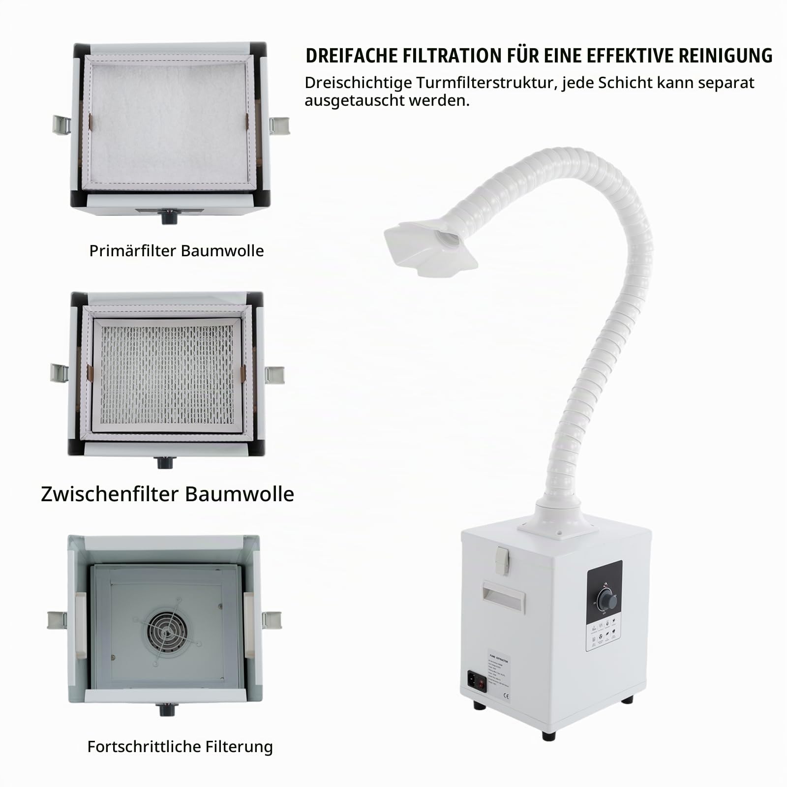 Lötrauchabsorber - Leistungsstarke 258m³/h 150W Absaugung, geräuscharmes, 3-stufiges Filtersystem mit 7 Filtern für lötrauchabsaugung Laserschweißen, Rauchabsaugung und Desktop-Löten(Weiß)