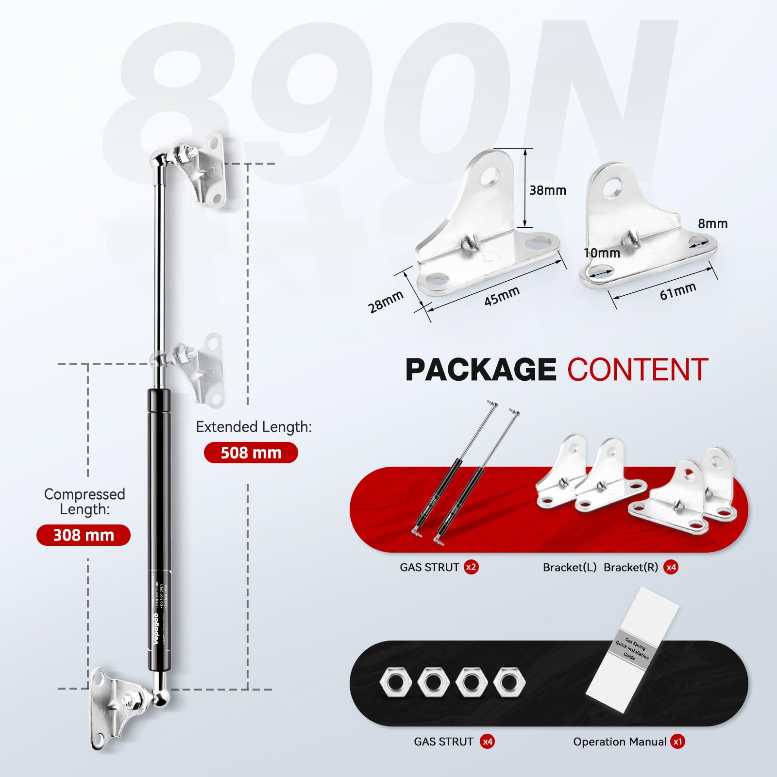 Vepagoo 500MM 890N/200lb Gas Struts Universal adjustable 20inch Lift Support Springs with Mounting Kit for Ottoman Bed, Heavy lid, Floor Hatch Door (fit 72kg-99kg lid), 2PCS — view 2