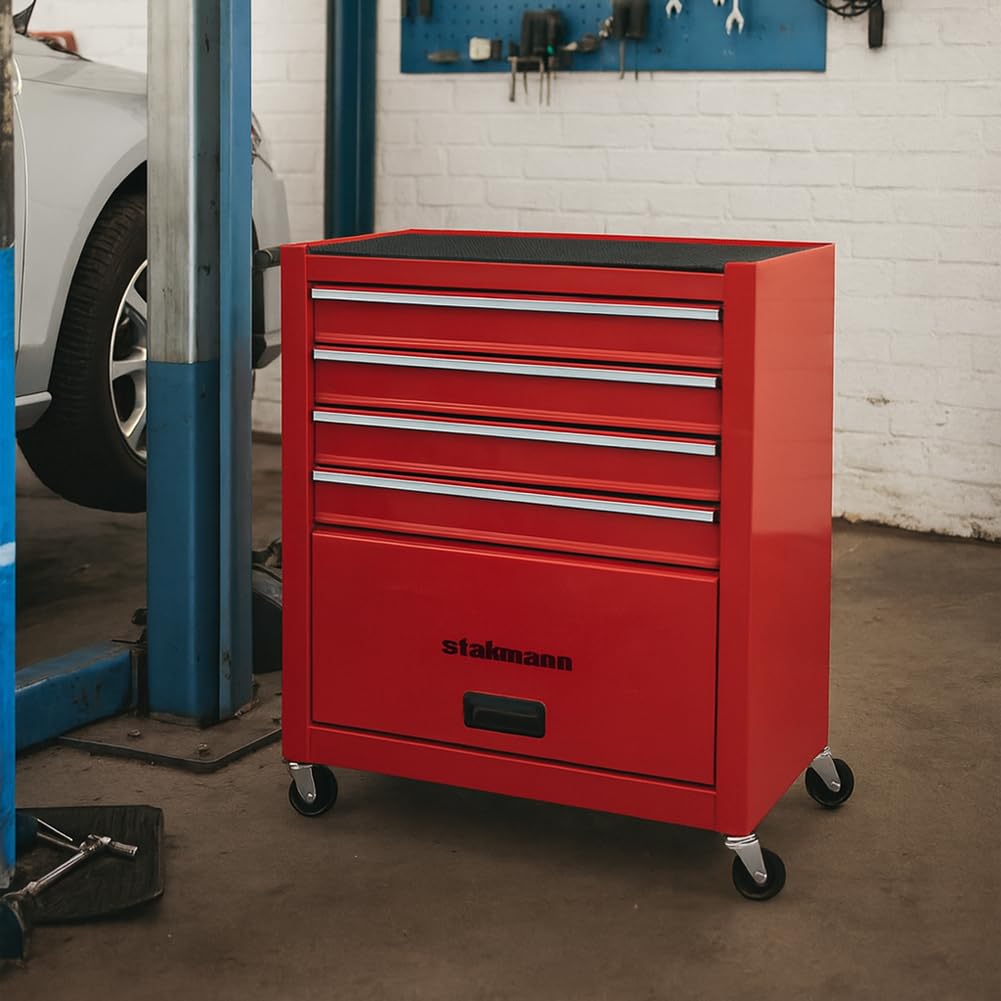 Carrello Portautensili con 4 Cassetti in Acciaio, Carrellino per Attrezzi Multiuso, Armadietto per Strumenti di Lavoro con Ruote Piroettanti, Ideale per Officine, Garage, Fai da Te (Rosso)