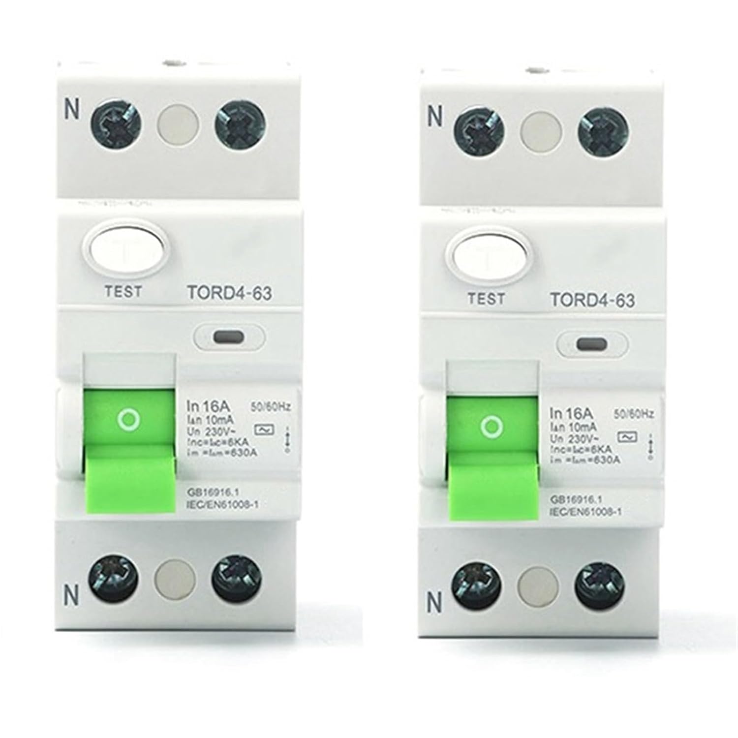 2X AC 2P 6KA RCCB RCD 230V Residual Current Circuit Breaker Differential Breaker Safety Switch TORD4-63, 2P 16A 10MA