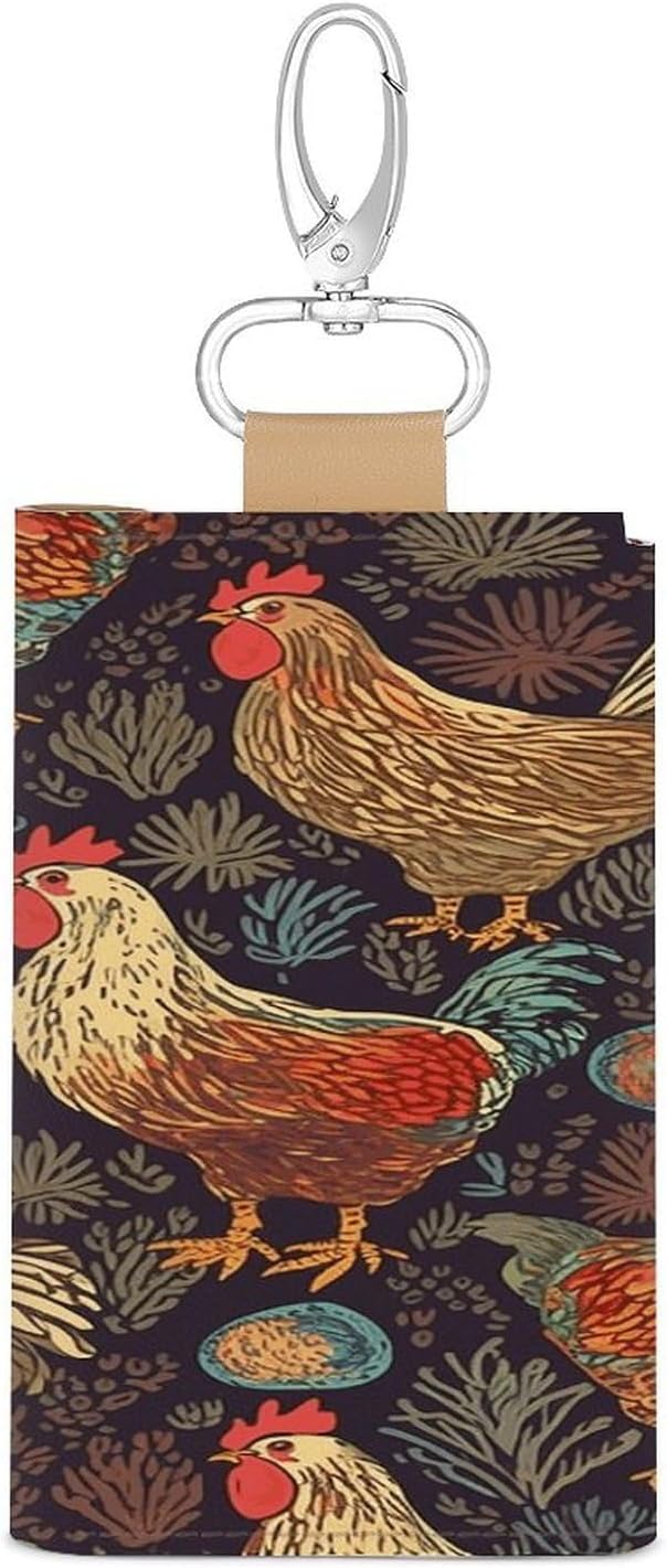 Chicken Print Key Case Leather Car Key Chain Card Holder Wallet Pouch Keys Money Organizer Case Snap Closure image 4