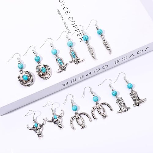Miniatura 8 de 68 pares de aretes occidentales para mujer, hipoalergénicos a granel, aretes de bota de vaquera con estrella de vaquero, sombrero de herradura,