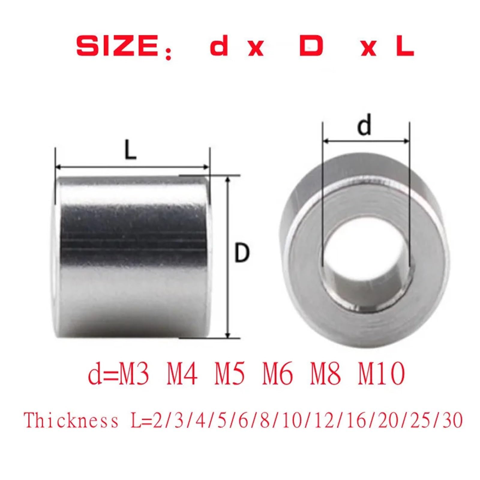 Distanziali in alluminio, 5 pezzi - 10 guarnizioni per boccola in alluminio, M3-M12 piatte (30 mm (L), M6 10 pz OD 10 mm)