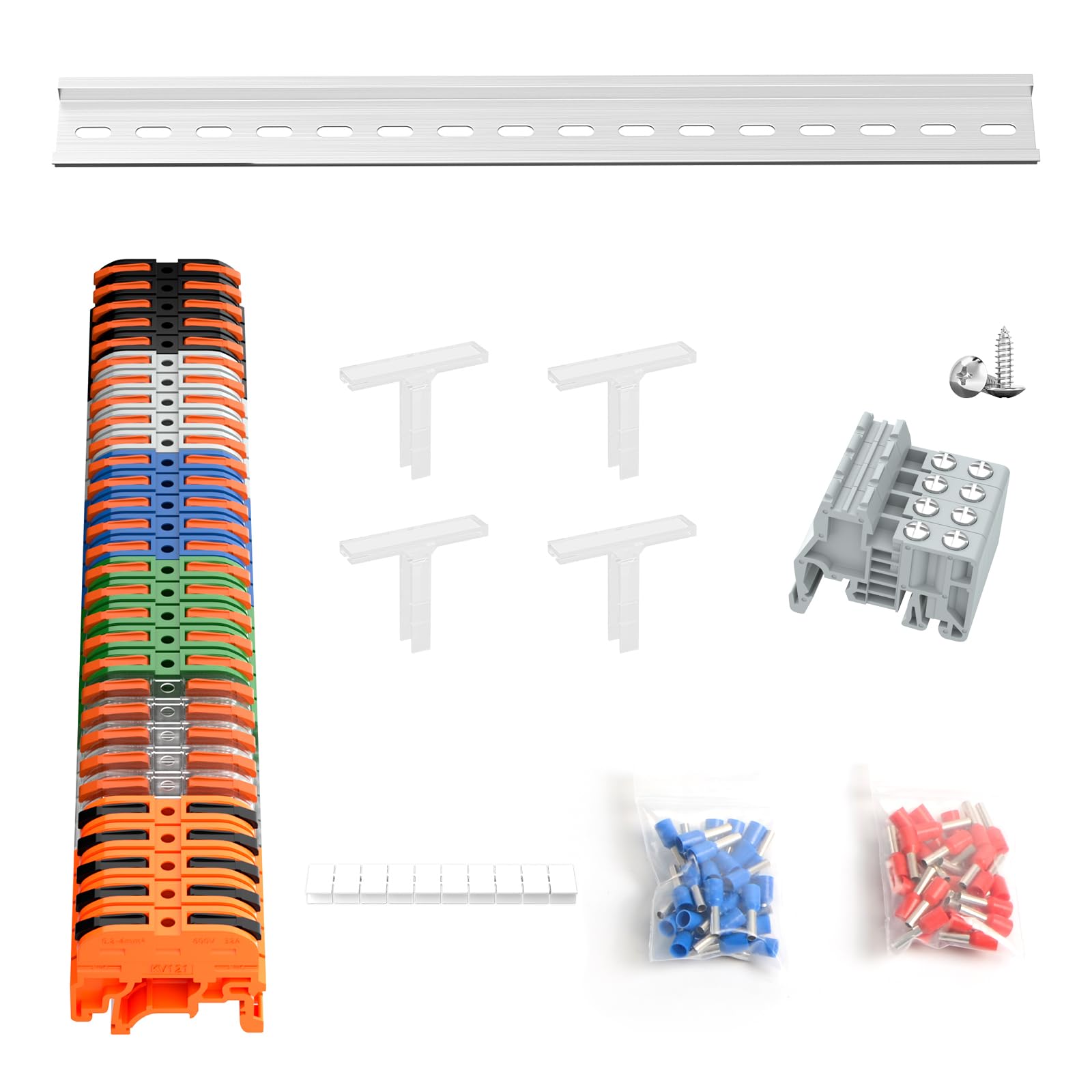 KV121 Zestaw listew zaciskowych 600 V 32 A 24-12 AWG, kompaktowe złącza przewodowe, w zestawie szyna DIN 32 cm, szybkie połączenie, zestaw listew zaciskowych do szyny DIN