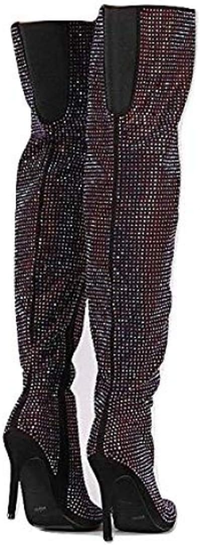 Women's All Over Diamond Rhinestone Stripe Front Slouchy Thigh High Stiletto Boots