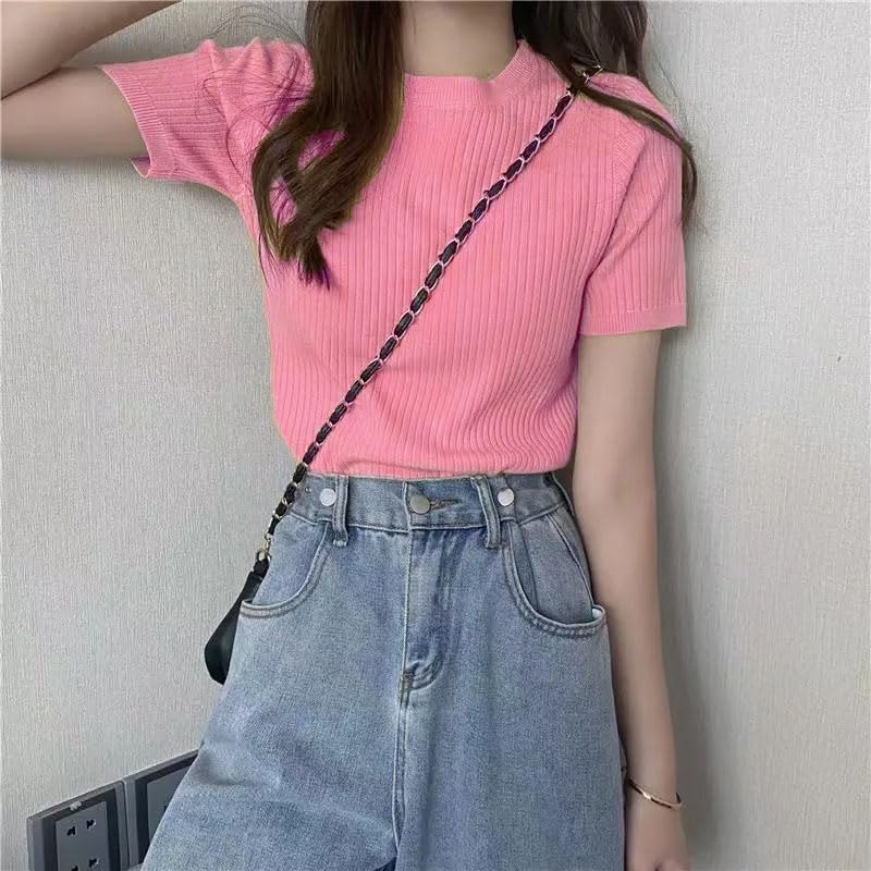 Image of Istyle Can Women Ribbed Slim Fit Top | Stretch Cotton Knit Crew Neck T-Shirt | Solid Casual Short Sleeve Tee for Office, Layering