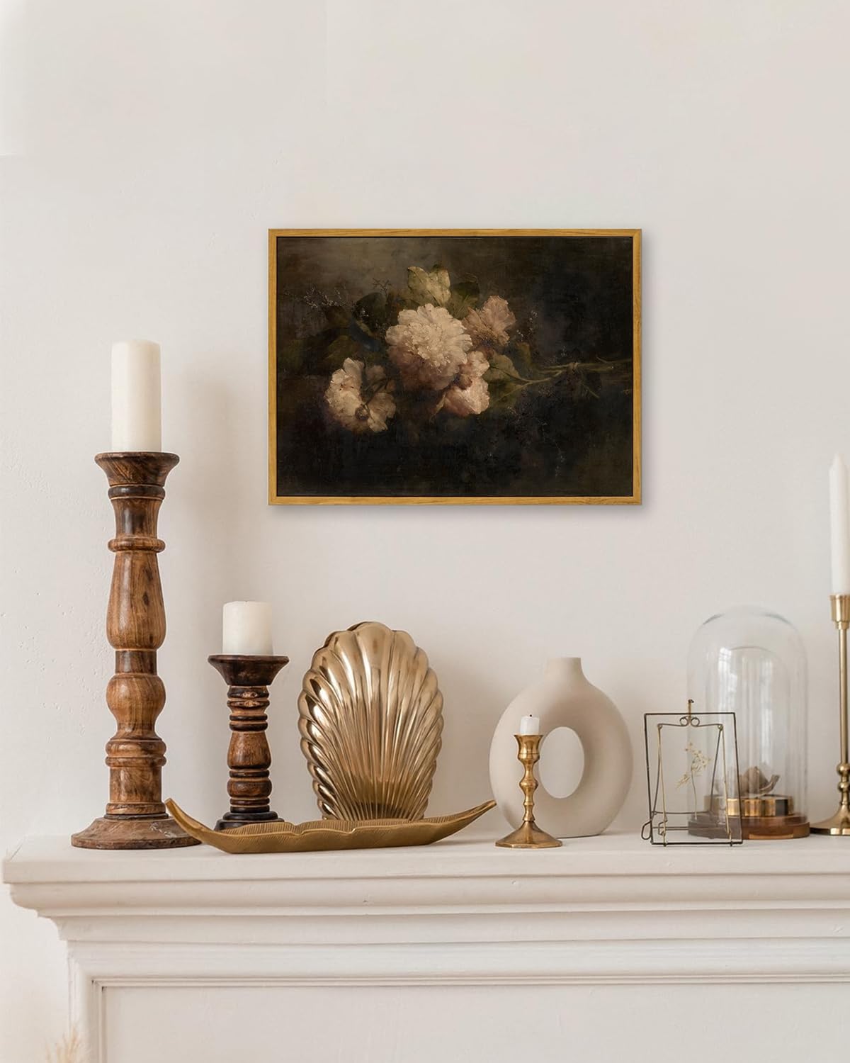 KBKBART Gerahmte Vintage-Leinwandkunst, dunkles Vintage-Stillleben-Blumen-Ölgemälde, klassische stimmungsvolle Pfingstrosen-Blumenstrauß-Drucke für Wanddekoration, antikes Blumen-Kunstgemälde