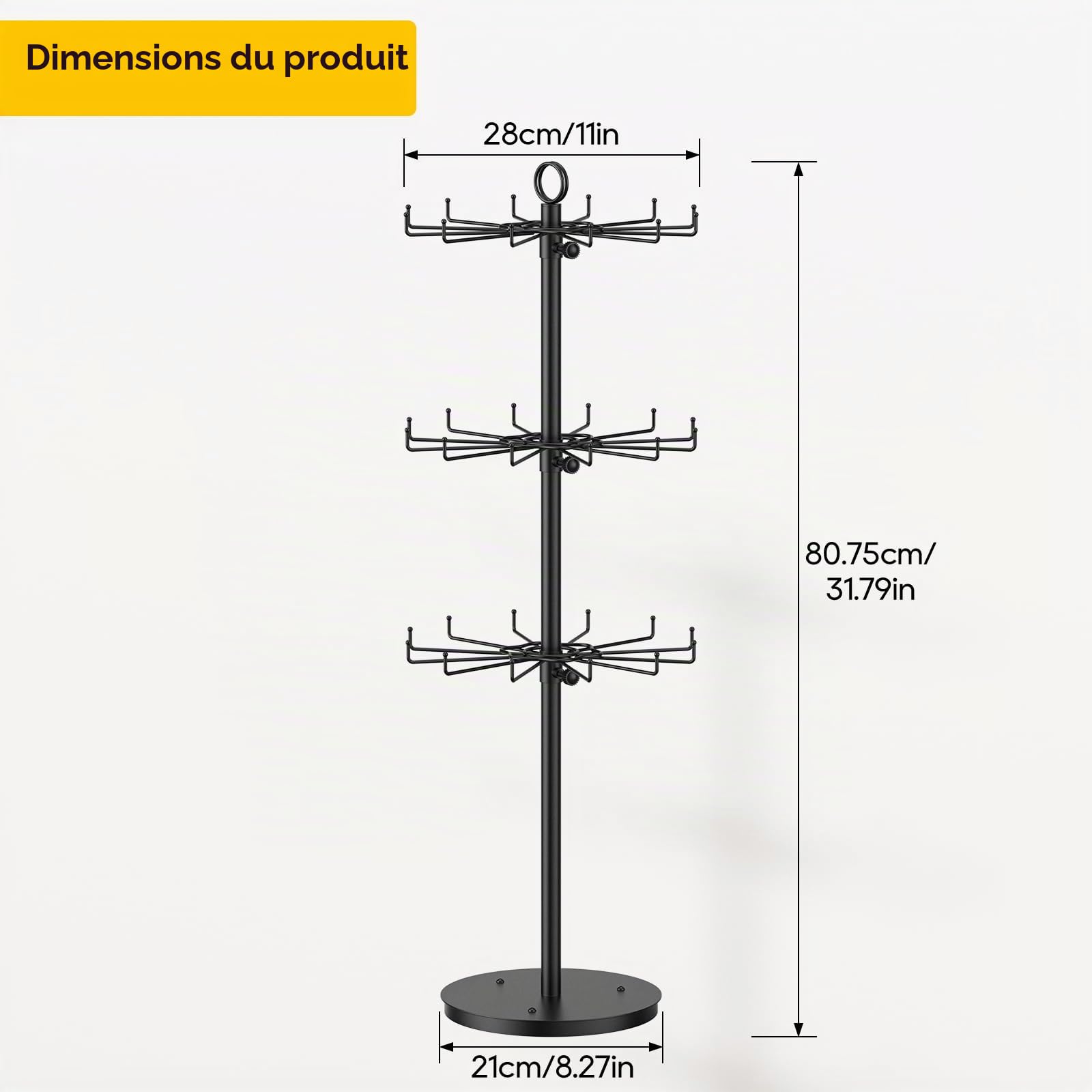 THYGIFTREE 3 niveaux de bijoux rotatifs, collier de hauteur réglable 36 crochets, écran métallique 360° pour organisateur de bijoux