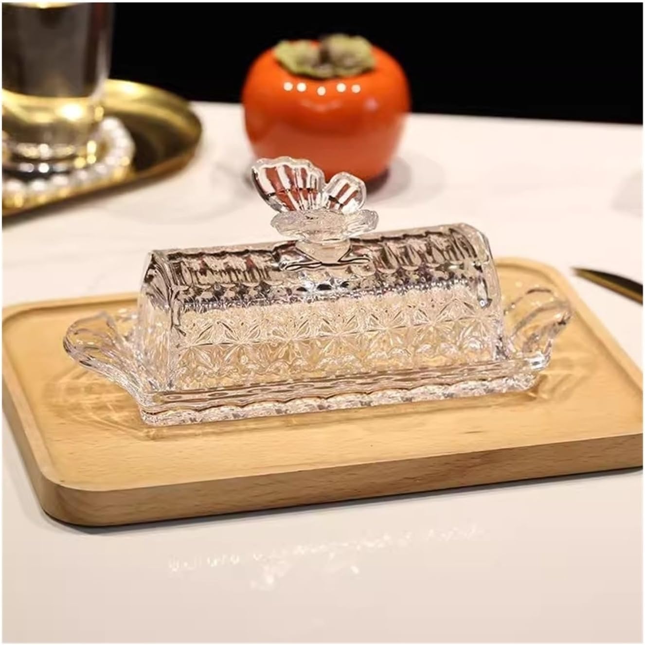 Butter Container Vintage Colorful Butterfly Glass Butter Dish Butter Storage Box Snack Cheese Dessert with Lid Crisper Butter Container for All Types of Butter (Color : Clear)