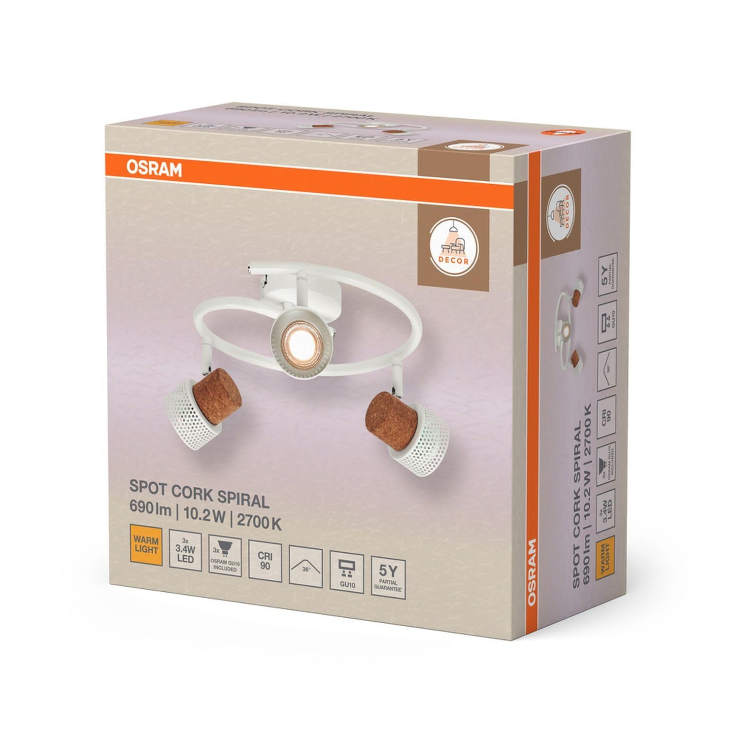 Osram DECOR SPOT CORK Spirale, 3 x 3,4 W, 690 lm, bianco, faretto, teste regolabili, versatili, faretto interno, lampadine LED intercambiabili, dimmerabili, luce bianca calda, GU10