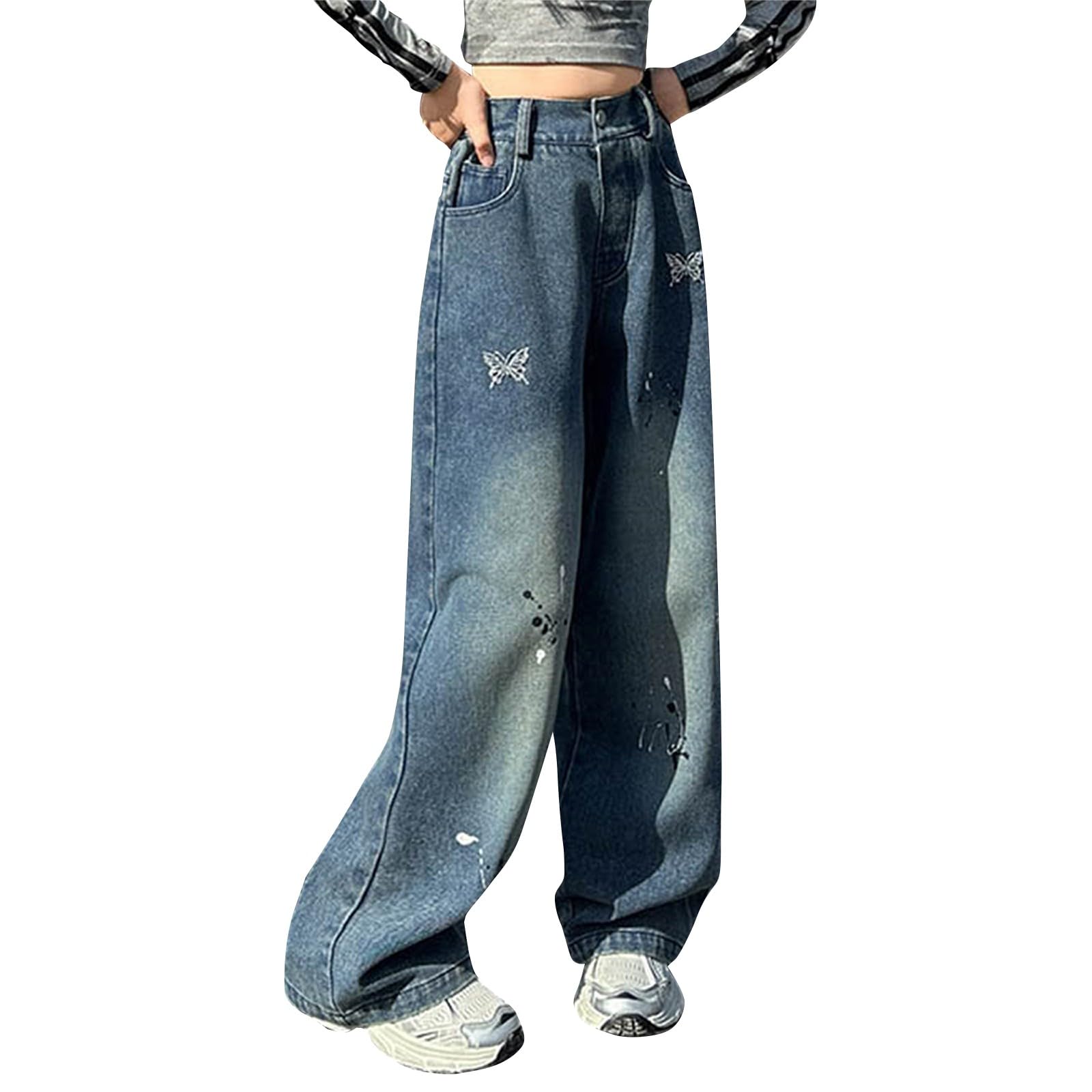 Girls Baggy Jeans Streetwear Butterfly Embroidery Elastic Waist Denim Pants Loose Wide Leg Jeans with (Blue, 9-10 Years)