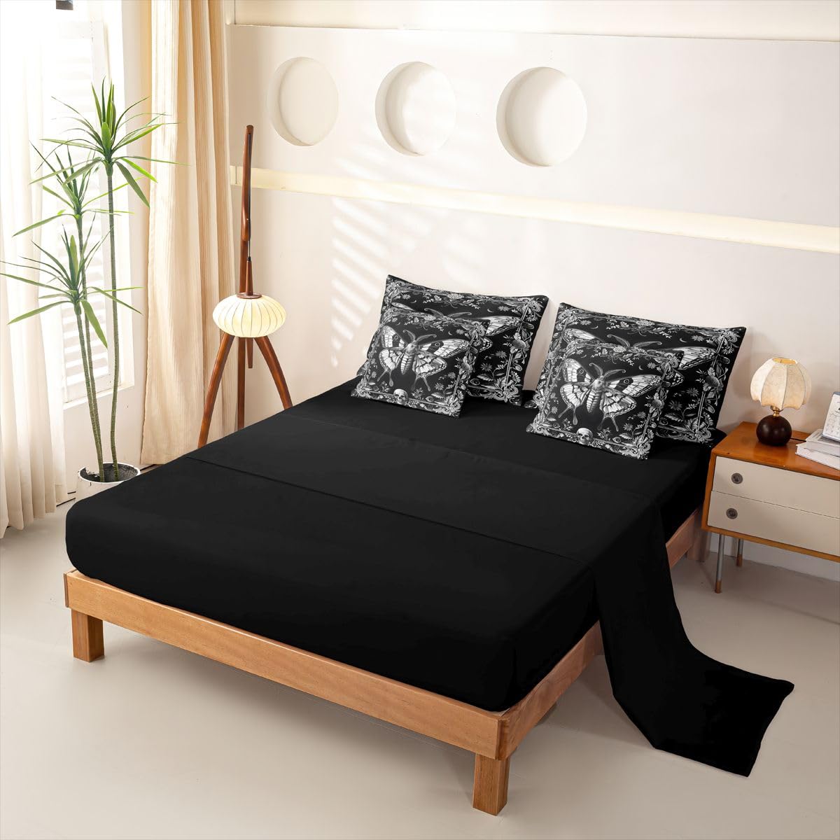 Loussiesd Juego de funda de edredón para cama individual de 7 piezas, color gris y negro, con sábanas, para niños, niñas, polilla de la muerte, cama en una bolsa, decoración de habitación, microfibra