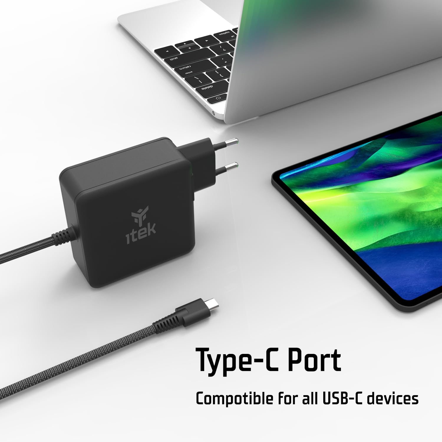 Itek Caricatore GaN 100W Con USB-C PD E USB-A QC 3.0 – Compatto, Per Laptop, Smartphone, Tablet E Molto Altro