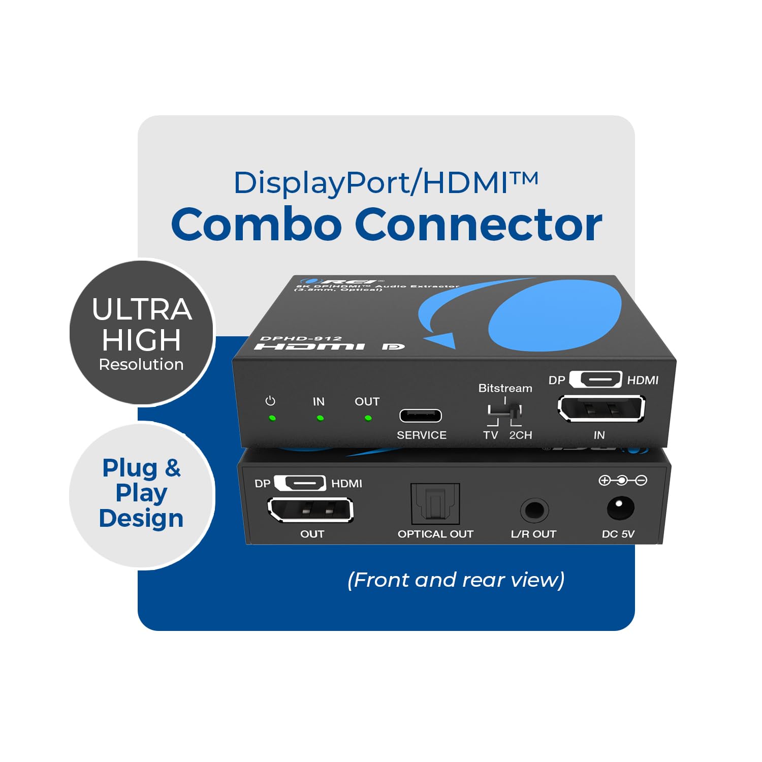 OREI 8K DP|Extractor y convertidor de audio HD - SPDIF + salida de 3.5 mm - HDCP 2.3 - 8K @30Hz DP / 4K @60Hz HDMI - Dolby Digital/DTS - CEC, HDR, Dolby Vision (DPHD-912)