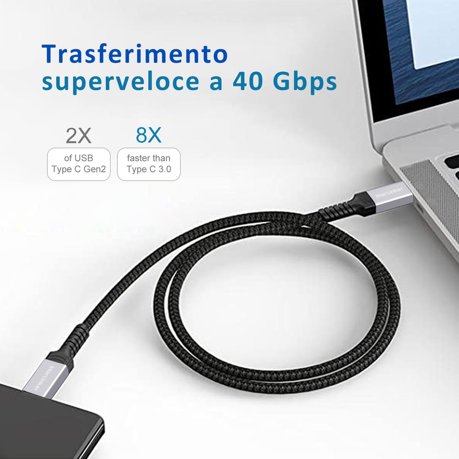 Cavo USB4 2m 240W [Certificato USB-IF] Ricarica PD, Supporta 40Gbps di Sincronizzazione Dati e 8K/5K@60HZ, Compatibile con Thunderbolt 4/3, USB3, USB C, MacBook, SSD, Monitor, Docking