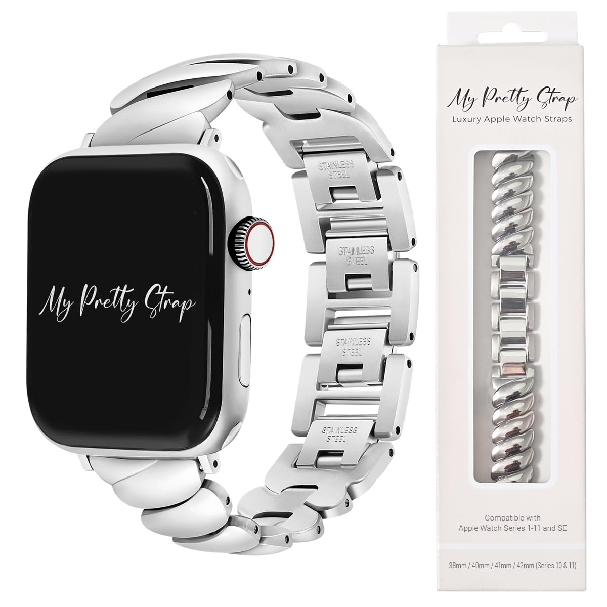 My Pretty Strap - Compatible Apple Watch Band Strap, Stainless Steel Fashion iWatch Replacement Strap- Easy Resizing, No Tool Needed, Fits Most Wrists
