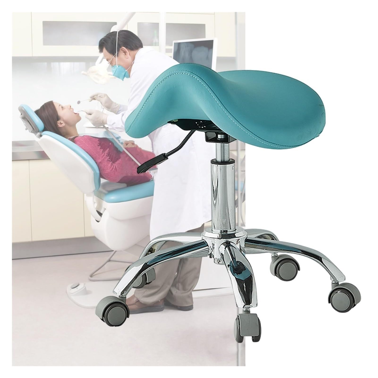 METTEOR Ergonomic Saddle Stool Chair with Medical Wheels, 49~64 Cm Hydraulic Salon Saddle Chair for Dentist Hygienist, Easy to Slide Rolling Stool (Blue)