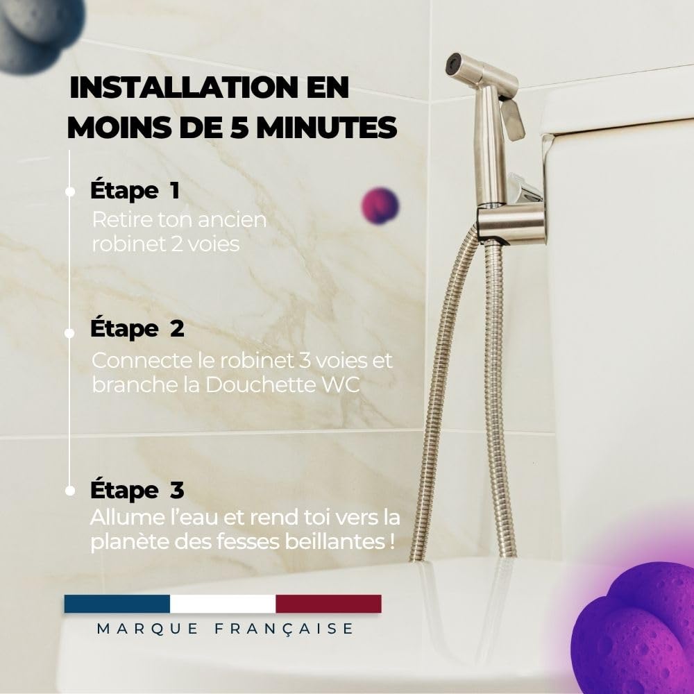 Ducha para inodoro con chorro ajustable, marca francesa, Bidé higiénico con grifo de 3 vías, pistola, flexible y soporte incluido – Kit higiénico íntimo completo (acero inoxidable)