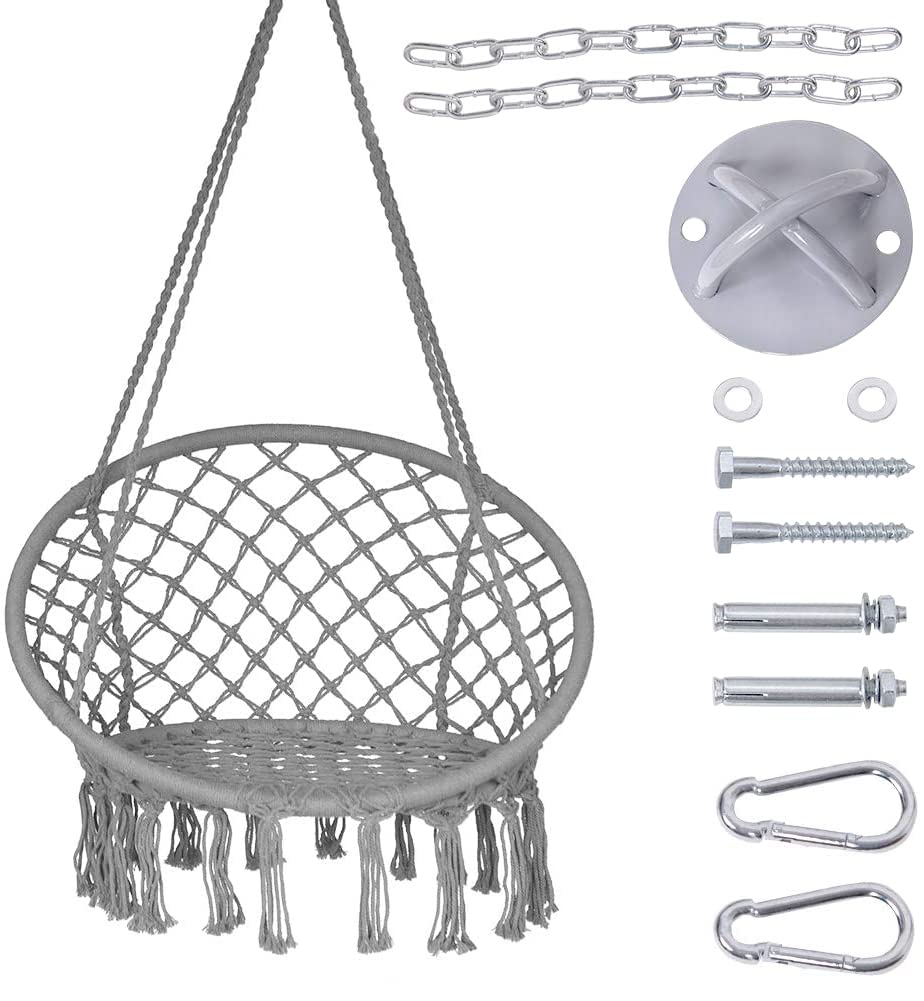 Lazy Daze HammocksHanging Chair Macrame Chair with Hardware Kits, Handwoven Cotton Rope Hammock Chair for Bedroom Indoor Outdoor Patio Yard Deck Garden, 300 Pounds Capacity, Gray, (HC001GRY-VC)
