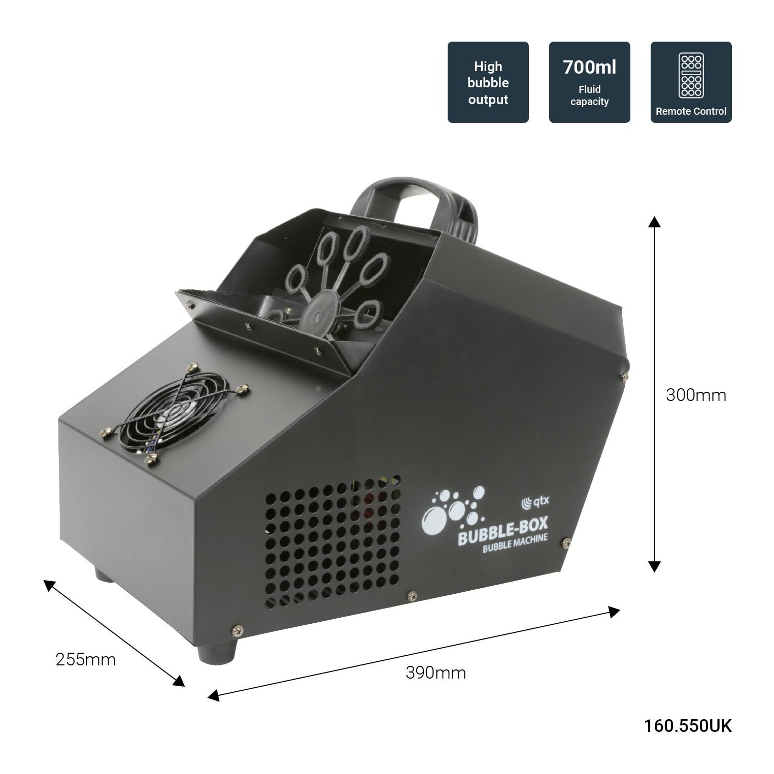 Macchina Bolle Professionale Bubble Box con Telecomando Wireless 700ml – Generatore Bolle Alta Produzione per Feste Eventi DJ – 3 Ventole, Struttura in Acciaio, Effetto Scenografico