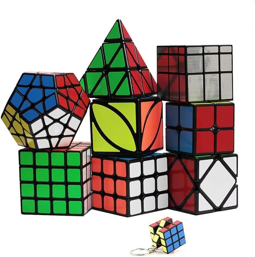 YGZN Speed Cube Set 8 Pack 2x2 3x3 4x4 Speed Cube,Megaminx Pyramid Skewb lvy Cube Mirror Cube Smooth Speedcubing Magic Cube Puzzle for Adults and Kids, for 3x3 Cube keychain (9 Pack)