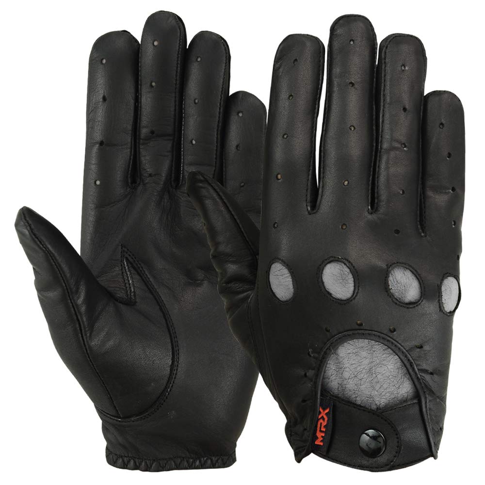 MRX Driving Gloves Button Basic Soft Outdoor Glove Goat Leather Workout Full Finger, Black (Large)