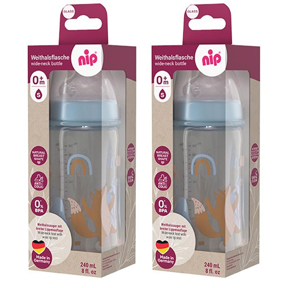 NIP Flacone in vetro a collo largo, 2 pezzi, 240 ml, anatomico, in silicone, misura 0+, latte