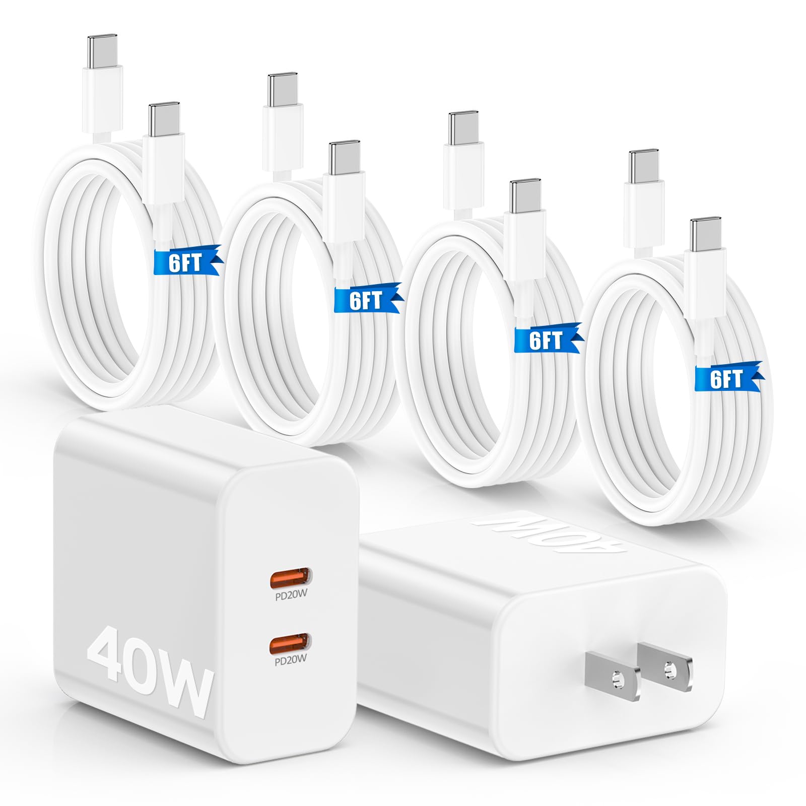 40W Fast Charger for iPhone 16 15 Pro Max Charger Fast Charging,2Pack Dual Port USB C Charging Block with 4Pack 6FT USB C to USB-C Charger Cord for iPhone 16 15 Plus/16 15 Pro Max/iPad Pro/Samsung S24