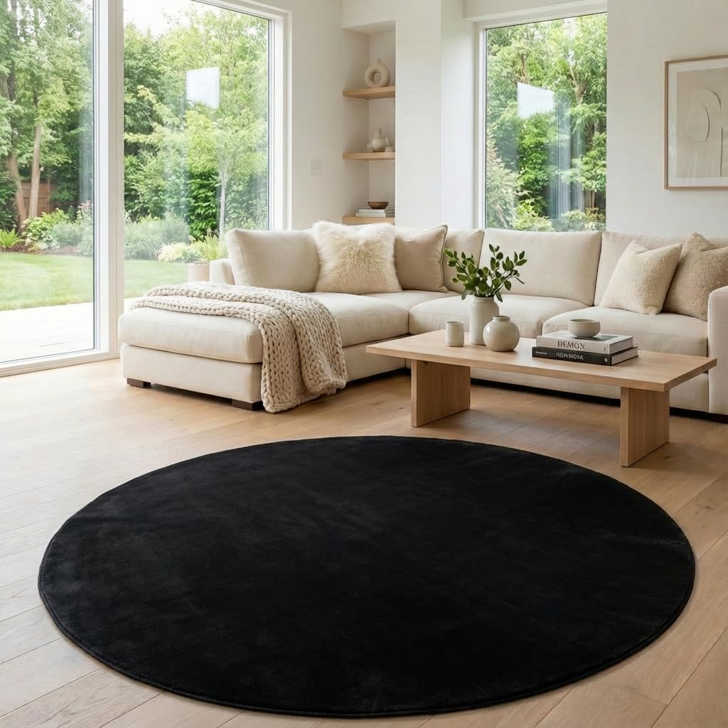 Jimri Flauschiger Teppich Läufer - Hochwertige Kurzflor Teppich für Zuhause, Büro, Küche, Eingang, Flur, Wohnzimmer - Maschinenwaschbar - Rutschfester Teppich Waschbar - 80 cm Rund - Schwarz