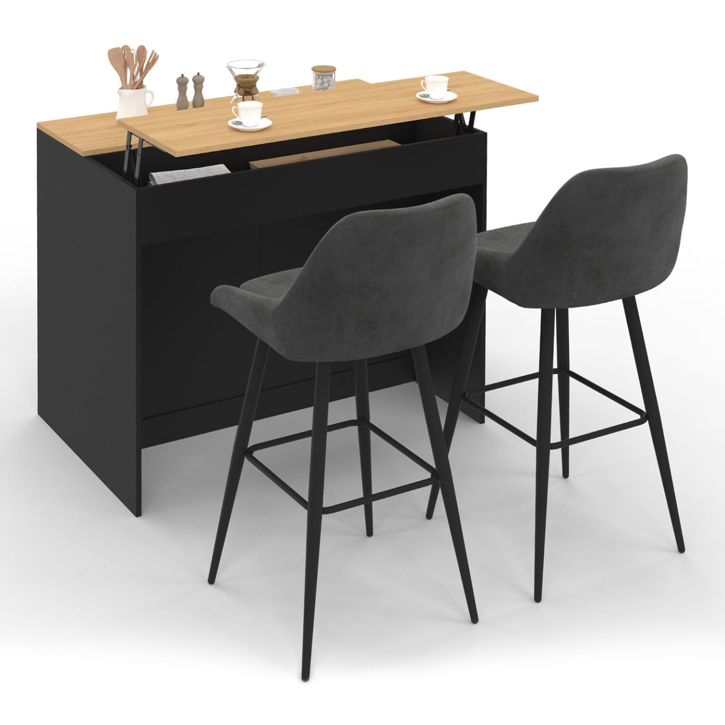 IDMarket - Ilot Central Cesar 110 cm avec Tablette relevable rectangulaire Bois Noir et façon hêtre