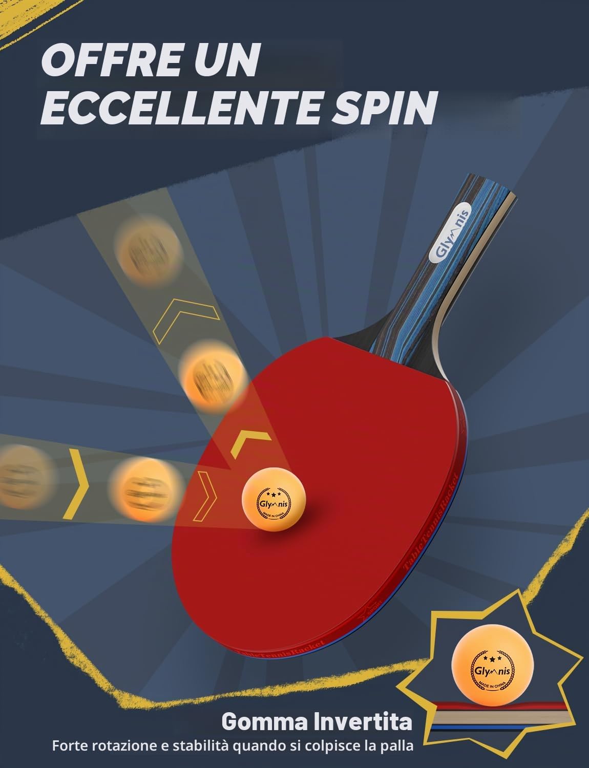 Glymnis Ping Pong Set da Tavolo Portatile, 4 Racchette da Ping Pong con Palline, Custodia per Accessori da Ping pong per Interni ed Esterni,Per Principianti,Professionisti