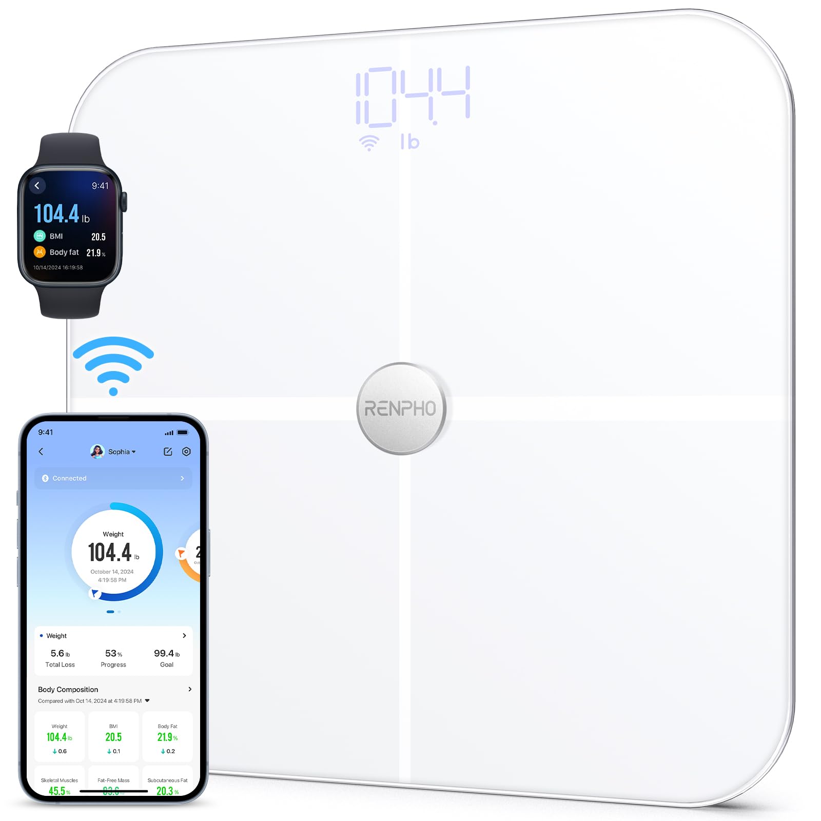 Wi-Fi Body Fat Scales Bluetooth Body Composition Scale Smart Digital Bathroom Scale Weight BMI Scales Fitness Body Composition Monitor with Smartphone App, ITO White, Elis Aspire
