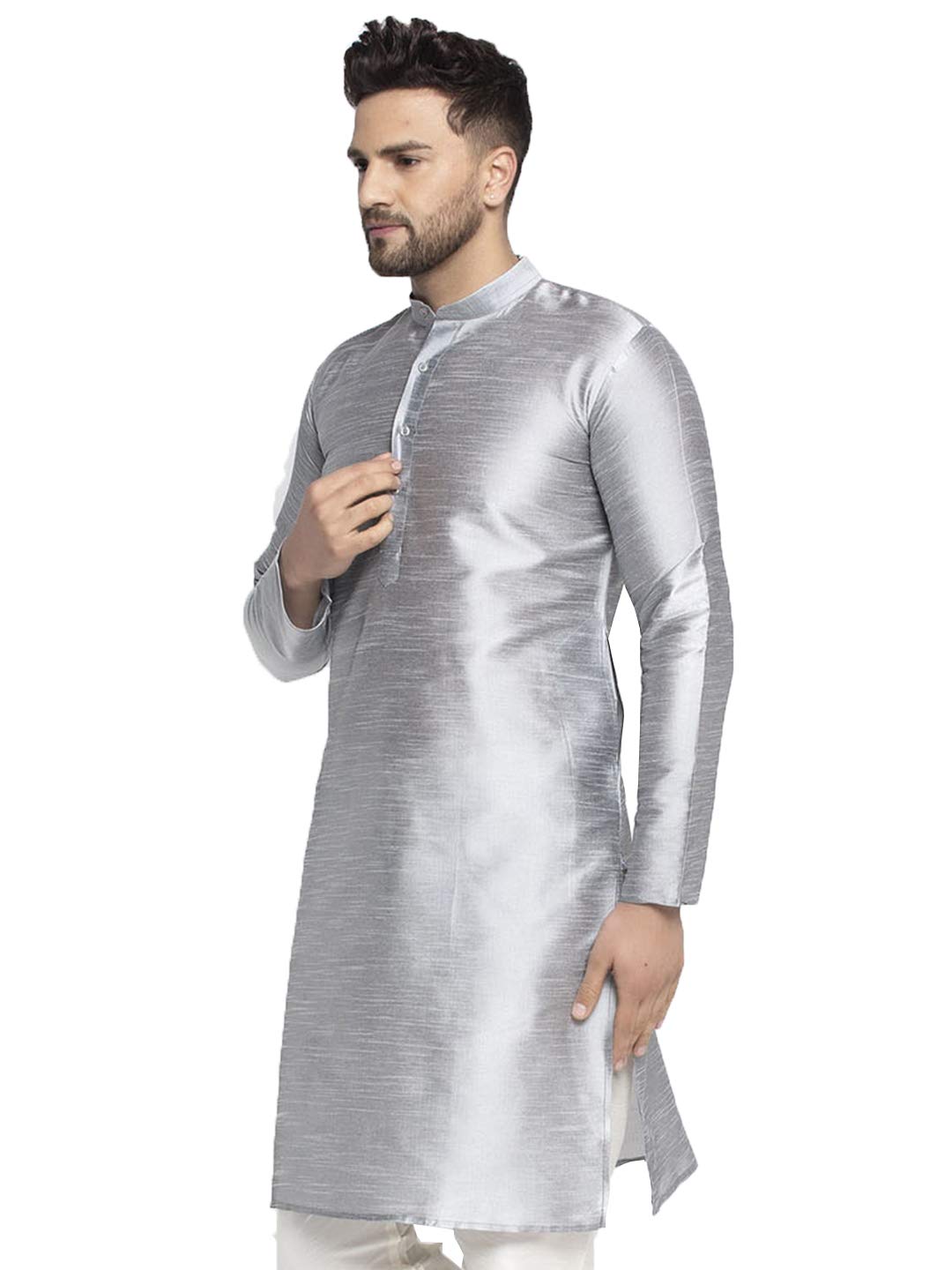 Jompers Men Solid Dupion Silk Kurta(Silver, Xl)